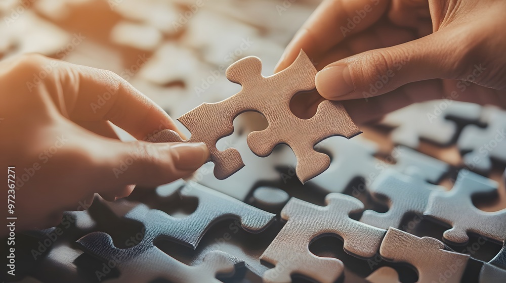 Two Hands Holding a Final Jigsaw Puzzle Piece Two Hands Holding a Final Jigsaw Puzzle Piece