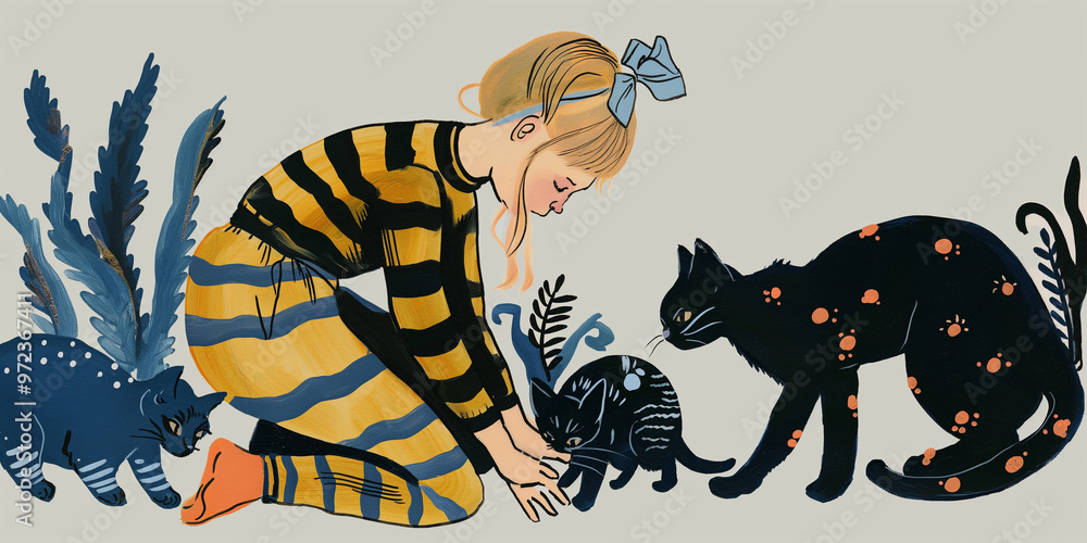 A girl is taking care of her cats. A girl is taking care of her cats.