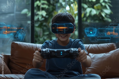 An Asian boy enjoys metaverse gaming with a wearable VR headset in the living room at home playing online sport games, home technology young teen using virtual reality