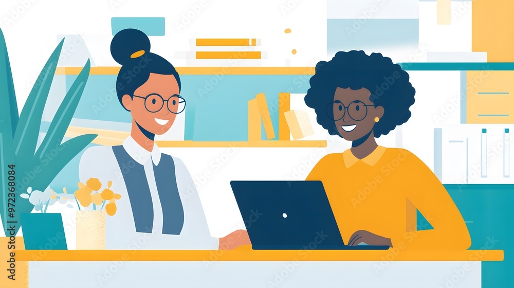 Two Smiling Women Working Together at a Desk with a Laptop Two Smiling Women Working Together at a Desk with a Laptop