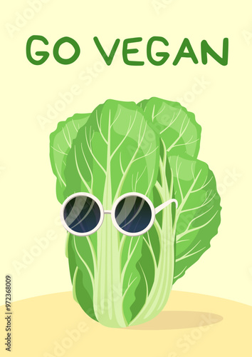 Go vegan. Poster with cabbage in glasses. Cartoon style. Vector illustration.