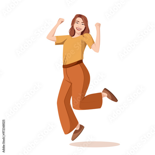 A satisfied woman rejoices and celebrates the victory. A happy, successful person jumps for joy. Vector illustration on a white background. Cartoon style.