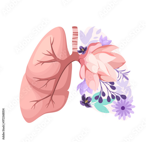 Human lungs are decorated with flowers. The concept of respiratory health. Vector illustration.