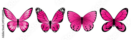 A set of bright pink butterflies on a white background. Vector illustration.
