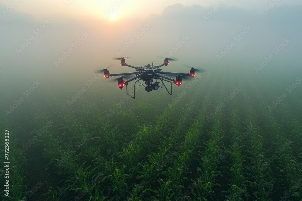 Drone Flying Over a Field of Corn in Foggy Conditions Drone Flying Over a Field of Corn in Foggy Conditions