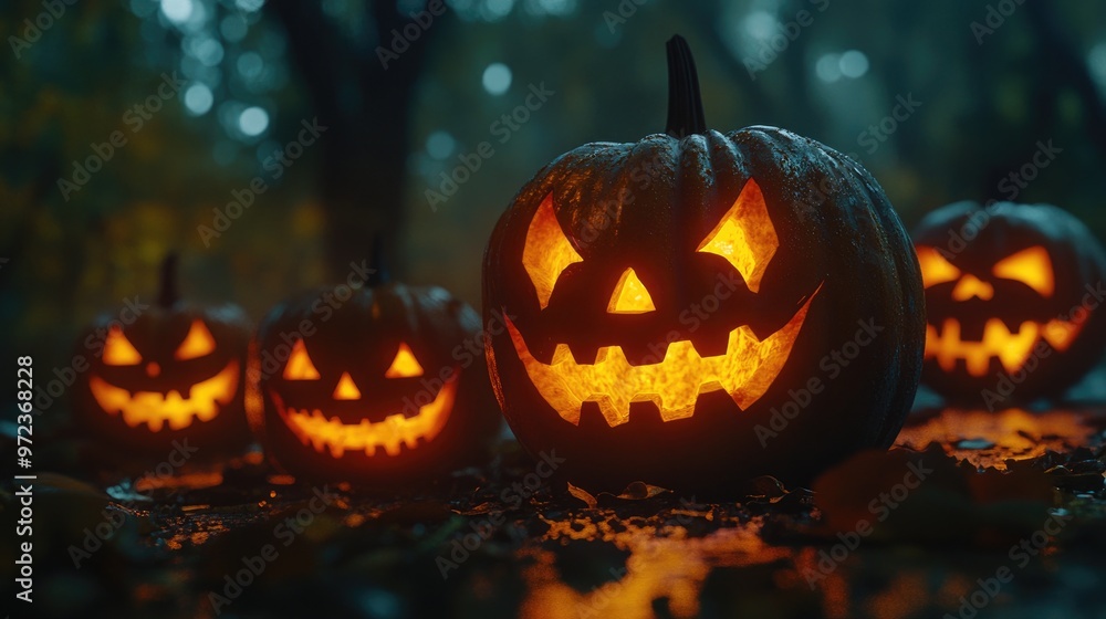 Four glowing jack-o'-lanterns with scary faces sit in a foggy forest. Four glowing jack-o'-lanterns with scary faces sit in a foggy forest.