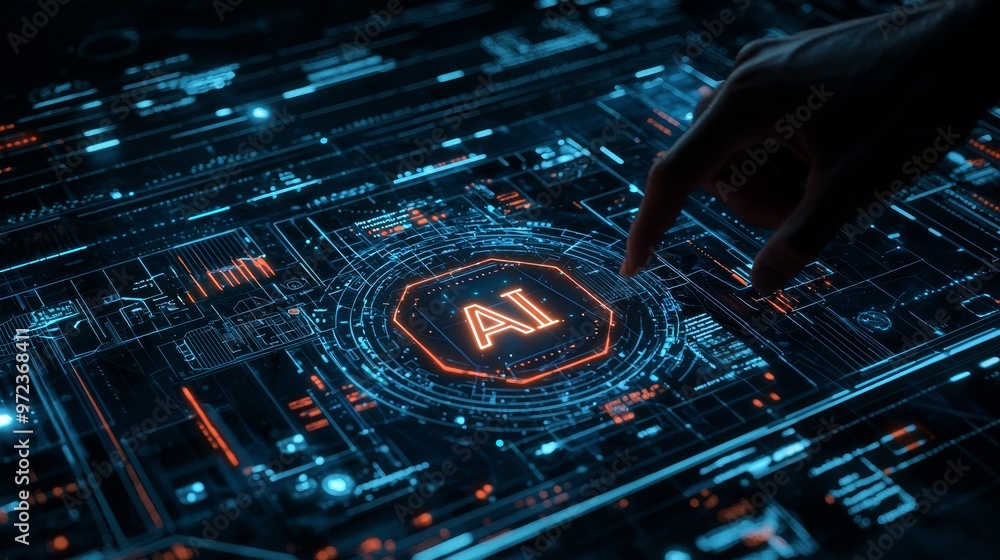 Obraz premium The stock image is of an AI circuit board representing an electronic PCB circuit icon symbol on a businessman's hand touched by a cyberpunk neon cyberspace lighting. This is an innovative technology.