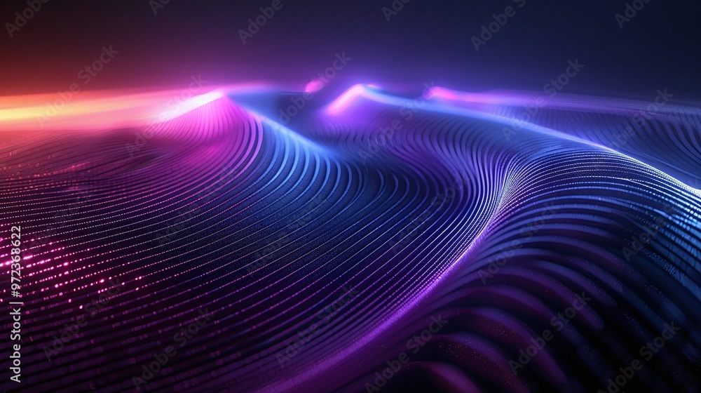 A vibrant, futuristic landscape featuring flowing waves of neon light in shades of purple and blue, creating a mesmerizing visual effect. Product presentation background. A vibrant, futuristic landscape featuring flowing waves of neon light in shades of purple and blue, creating a mesmerizing visual effect. Product presentation background.