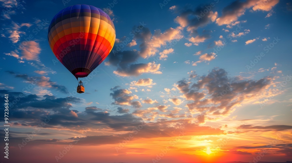 Hot Air Balloon at Sunrise: A vibrant hot air balloon floating gracefully in the sky at sunrise.
Hot Air Balloon at Sunrise: A vibrant hot air balloon floating gracefully in the sky at sunrise.