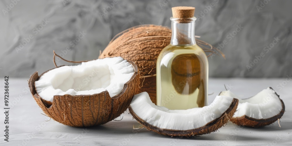 Natural Coconut Oil Bottle Next to Half-Eaten Coconut | Organic Products, Beauty and Wellness Concept
