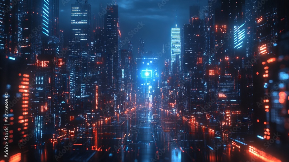 New York city buildings, cybersecurity hud hologram and lock circuit, privacy New York city buildings, cybersecurity hud hologram and lock circuit, privacy