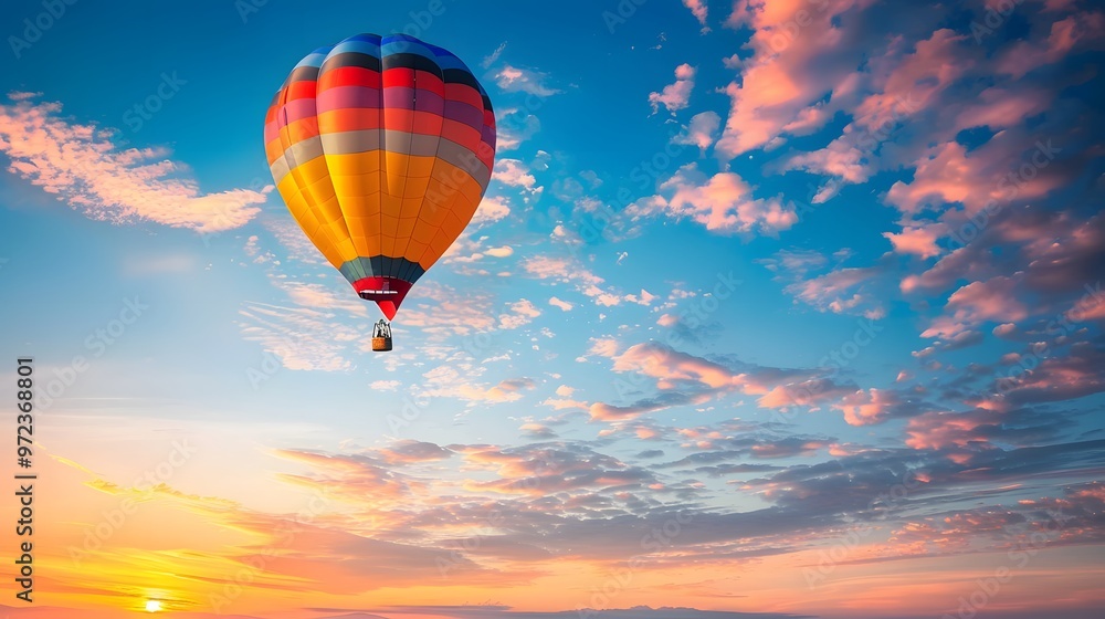 Fototapeta premium Hot Air Balloon at Sunrise: A vibrant hot air balloon floating gracefully in the sky at sunrise. 