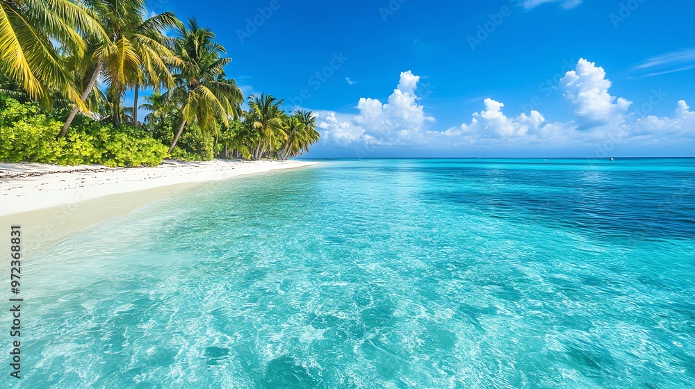 Fototapeta premium Stunning tropical beach with crystal clear water and lush palm trees.