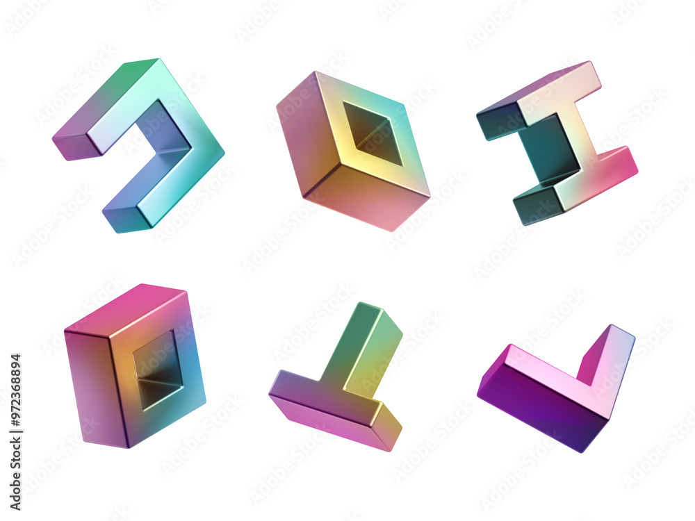 3d render, assorted abstract geometric shapes and objects. Collection of iridescent volumetric design elements. Clip art isolated on white background 3d render, assorted abstract geometric shapes and objects. Collection of iridescent volumetric design elements. Clip art isolated on white background