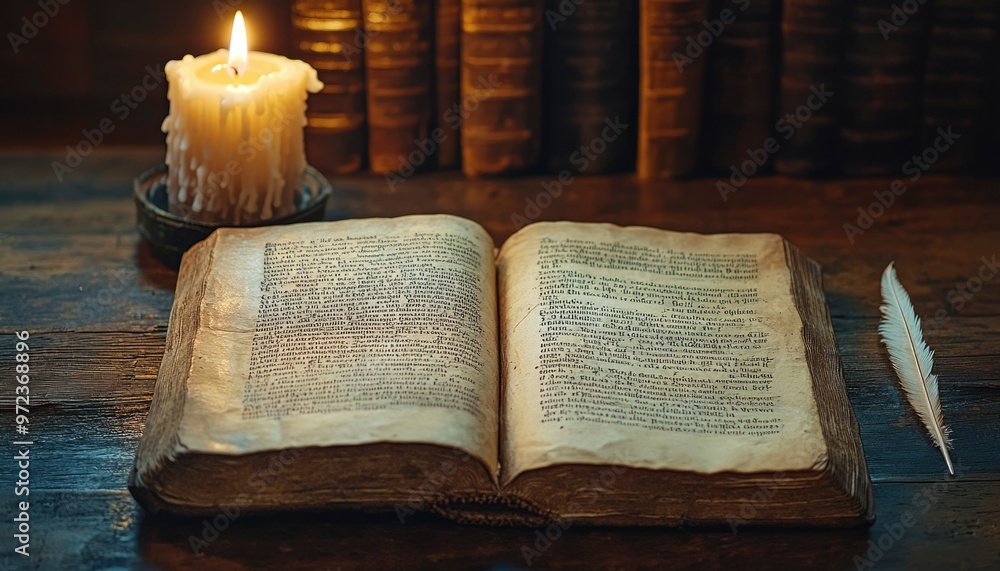Obraz premium Open Antique Book with a Candle, Quill Pen, and Bookshelf in the Background