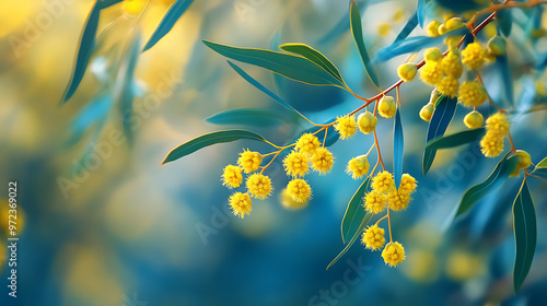 A close-up of a bright yellow and green wattle tree branch, the national floral emblem of Australia 