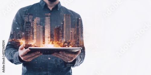 Digital tablet used by a man with a hologram of a modern building. Real estate business and building technology concept. photo