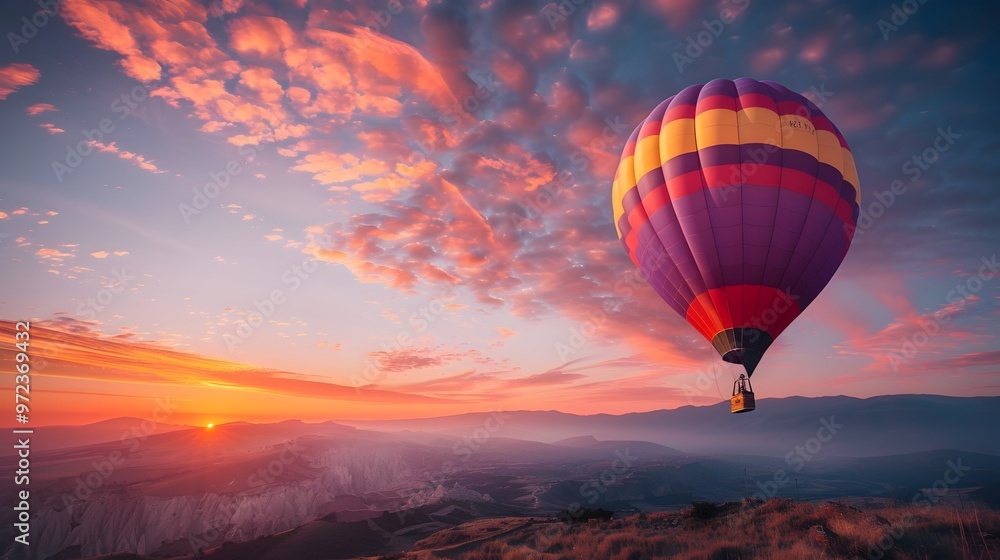 Fototapeta premium Hot Air Balloon at Sunrise: A vibrant hot air balloon floating gracefully in the sky at sunrise. 