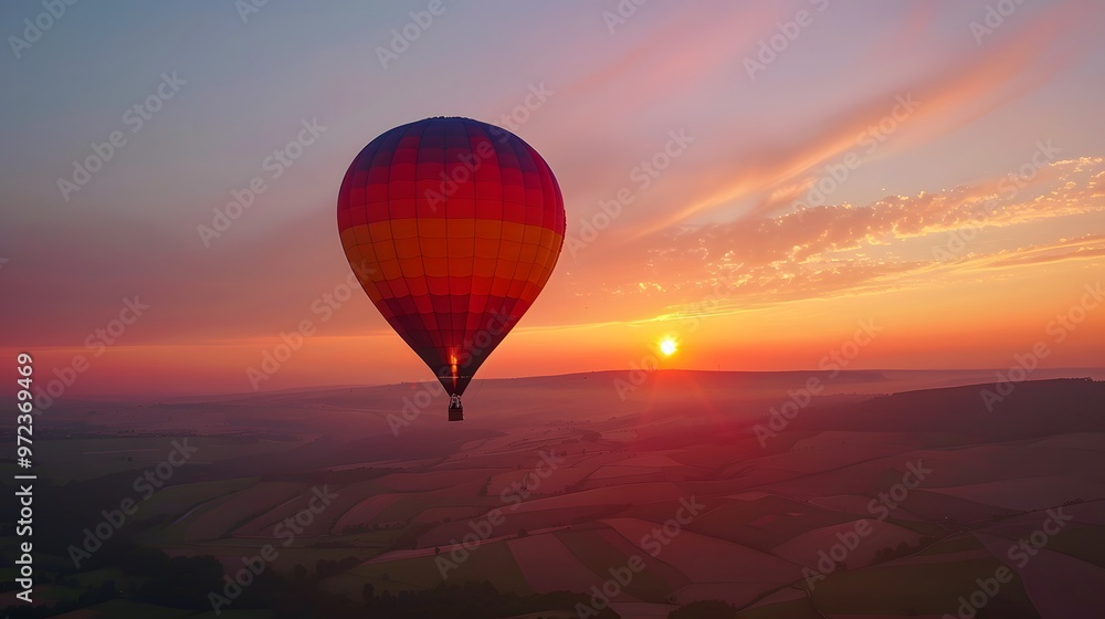 Naklejka premium Hot Air Balloon at Sunrise: A vibrant hot air balloon floating gracefully in the sky at sunrise. 