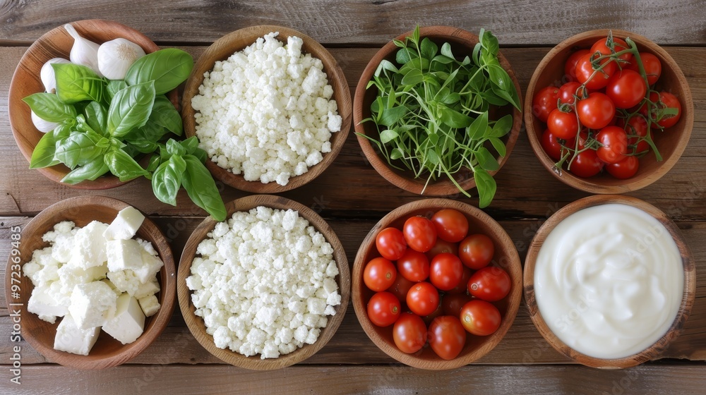 Delightful wooden platter featuring a variety of cheese, milk, yogurt, and fresh ingredients Delightful wooden platter featuring a variety of cheese, milk, yogurt, and fresh ingredients