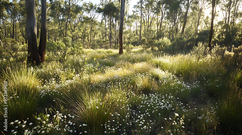 A dense patch of heathland plants in the Australian bush, including native grasses and wildflowers 