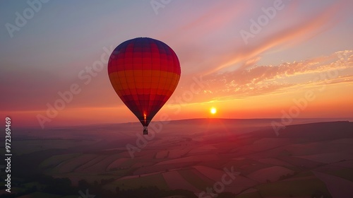 Hot Air Balloon at Sunrise: A vibrant hot air balloon floating gracefully in the sky at sunrise. 