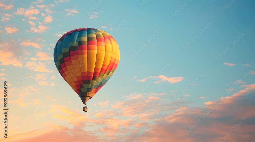 Fototapeta premium Hot Air Balloon at Sunrise: A vibrant hot air balloon floating gracefully in the sky at sunrise.