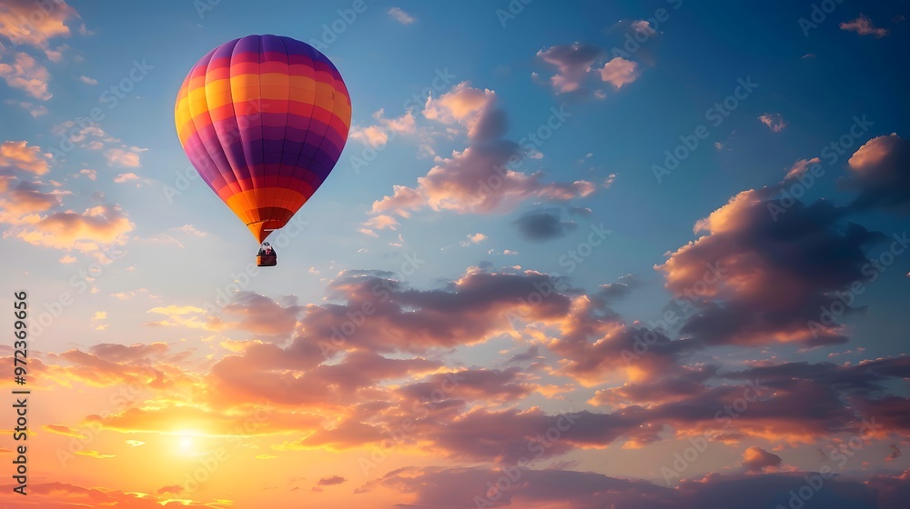 Obraz premium Hot Air Balloon at Sunrise: A vibrant hot air balloon floating gracefully in the sky at sunrise. 