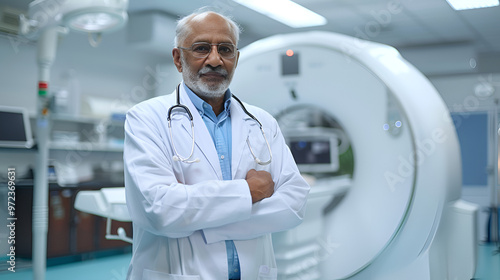 Standing against the MRI machine in the background copy space is a confident senior desi doctor with folded hands
