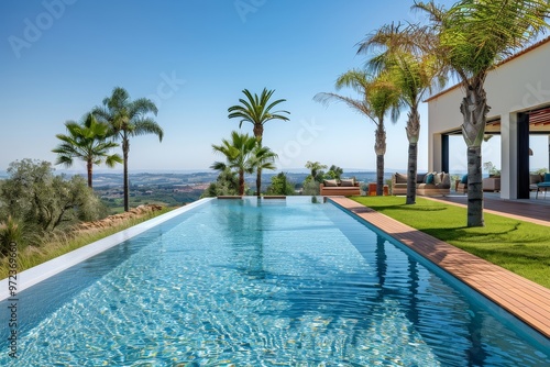 Wallpaper Mural Large Pool Surrounded by Palm Trees and Green Grass with Panoramic Views of Olive Groves and Mountains in Algarve, Portugal Torontodigital.ca