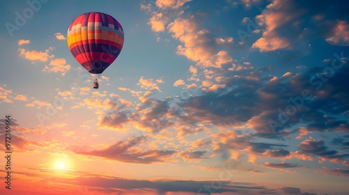 Hot Air Balloon at Sunrise: A vibrant hot air balloon floating gracefully in the sky at sunrise. 