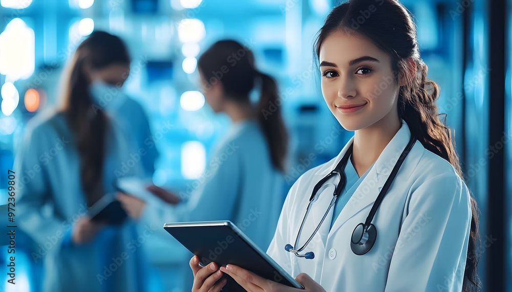 Portrait, girl doctor and tablet with team for collaboration on research project or clinical trial and hospital. Female neurosurgeon, digital technology and proud for progress of treatment Portrait, girl doctor and tablet with team for collaboration on research project or clinical trial and hospital. Female neurosurgeon, digital technology and proud for progress of treatment
