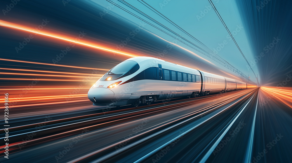 Fototapeta premium high-speed railway train racing along its track, with particle light trails creating a sense of movement and technological sophistication. The high-definition photography style sho