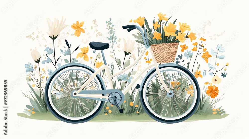 Fototapeta premium A vintage bicycle with a basket full of flowers sits in a field of blooming wildflowers.