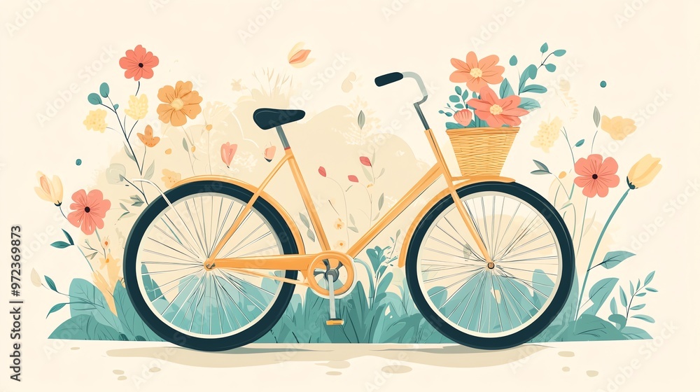 Fototapeta premium A yellow bicycle with a basket of flowers sits in a field of wildflowers.