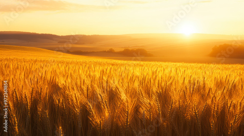 Golden wheat fields illuminated by the warm glow of a sunset on a tranquil evening in the countryside