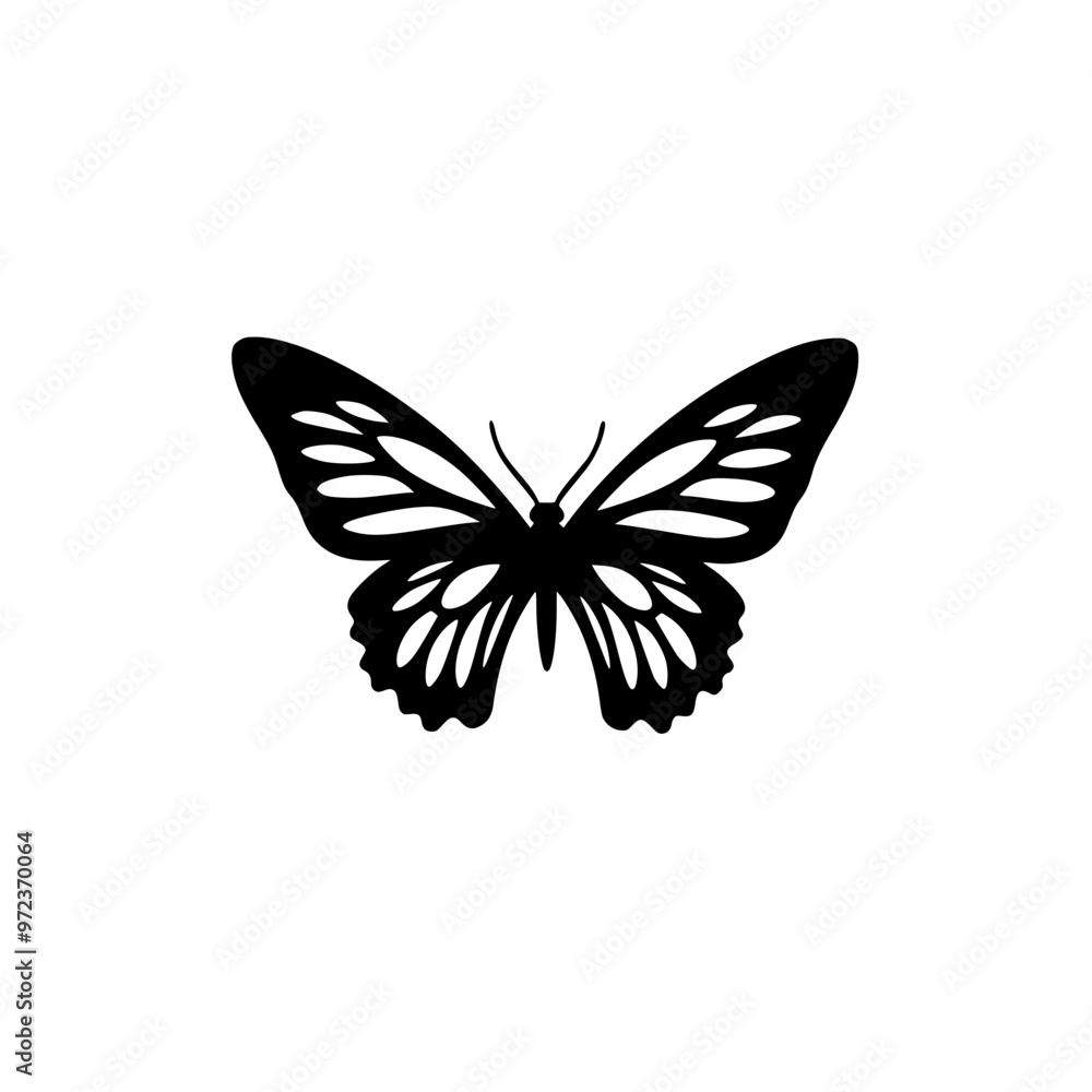 Black and white butterfly silhouette illustration, Simple black and white silhouette of a butterfly with intricate wing patterns, perfect for nature and design themes.
Black and white butterfly silhouette illustration, Simple black and white silhouette of a butterfly with intricate wing patterns, perfect for nature and design themes.