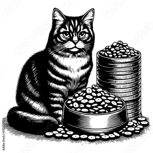 Cat with a food bowl and dry cat food in a monochrome illustration. Vector, generative ai.