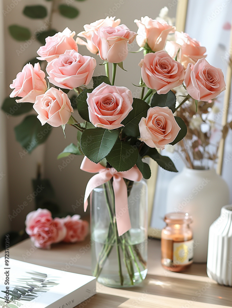A beautiful pink rose bouquet arranged in a vase for a romantic wedding celebration A beautiful pink rose bouquet arranged in a vase for a romantic wedding celebration