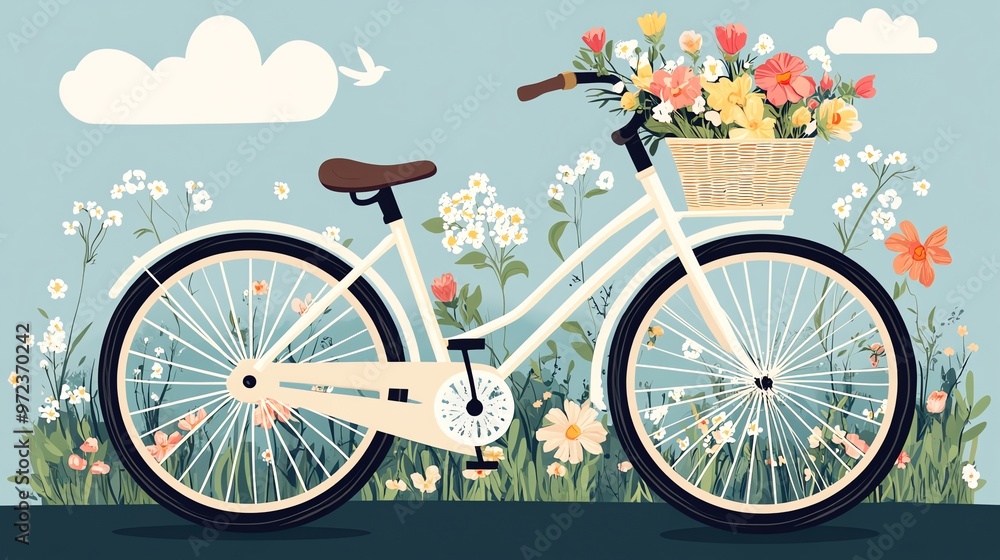 Fototapeta premium A white bicycle with a basket full of flowers, parked in a field of wildflowers.