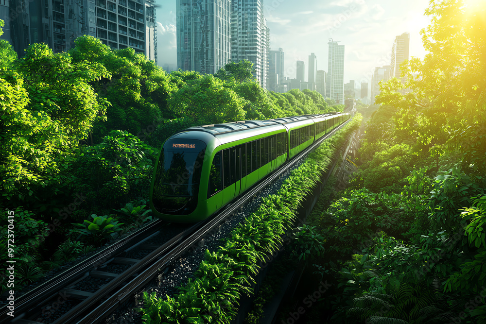 Obraz premium A vibrant train travels through lush greenery, merging city life with nature under a bright sunlit sky.