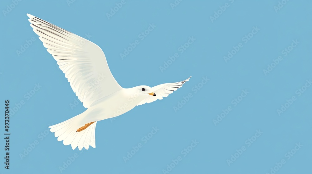 A white seagull flies in a clear blue sky. A white seagull flies in a clear blue sky.