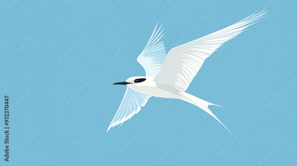 Fototapeta premium A white seabird flies against a clear blue sky.