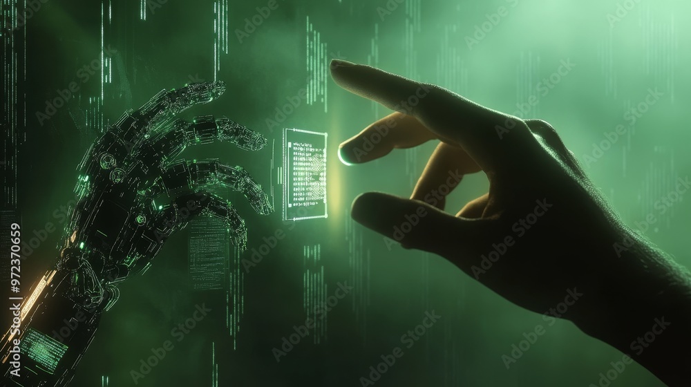 Fototapeta premium Connecting Humanity and Technology: Human Hand and Robotic Finger Meeting in Futuristic Holographic Data Environment