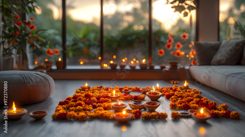 A serene living room with candles and flower petals arranged on the floor, bathed in the warm glow of the setting sun. photo