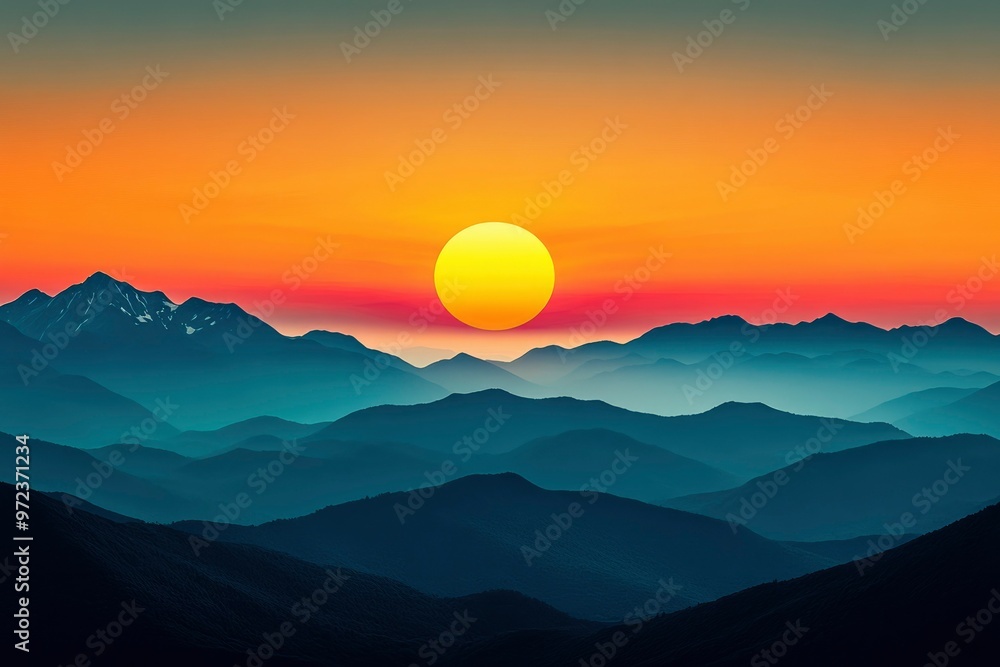 A large yellow sun setting behind a vast mountain range A large yellow sun setting behind a vast mountain range