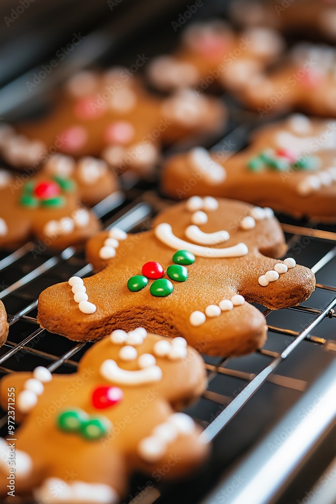 A tray of gingerbread men with green and red decorations. The gingerbread men are smiling and appear to be happy A tray of gingerbread men with green and red decorations. The gingerbread men are smiling and appear to be happy