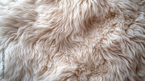 Background picture of a soft fur white carpet. wool sheep fleece closeup texture background. Fake color beige fur fabric. top view.