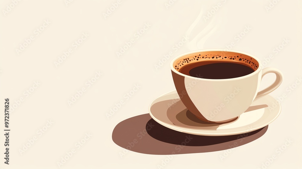 Obraz premium A steaming cup of coffee with a saucer on a cream background.