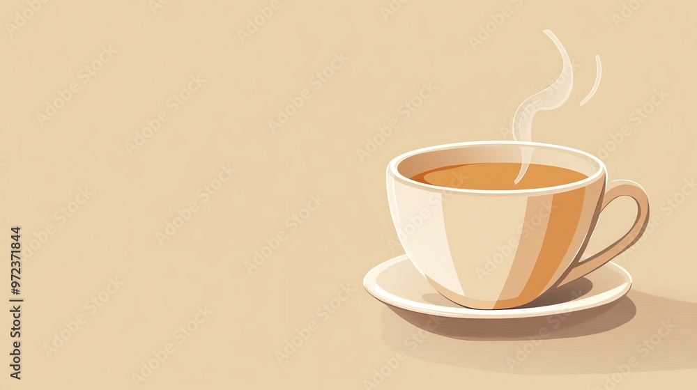 A steaming cup of coffee on a saucer against a light brown background. A steaming cup of coffee on a saucer against a light brown background.